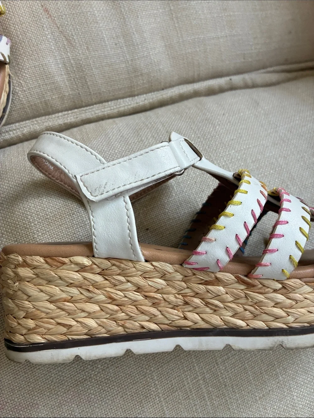 DV by Dolce Vita Girls White Leather Sandals with Multicolor Stitching
